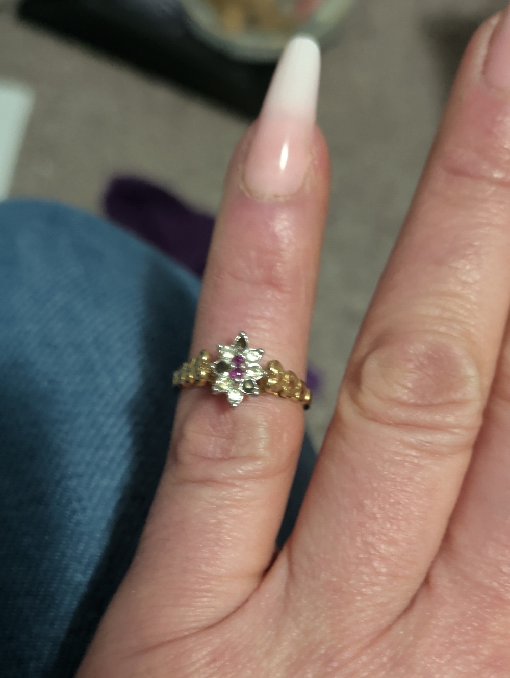 Dainty Vintage Gold Plated Tiny Ring With Red And Clear Centre Stones